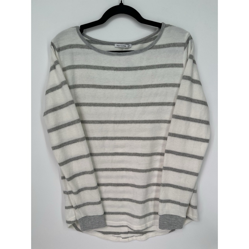 Pink Clover Kamie Women's M Button Back Brushed Knit Top Gray White Stripe NWT